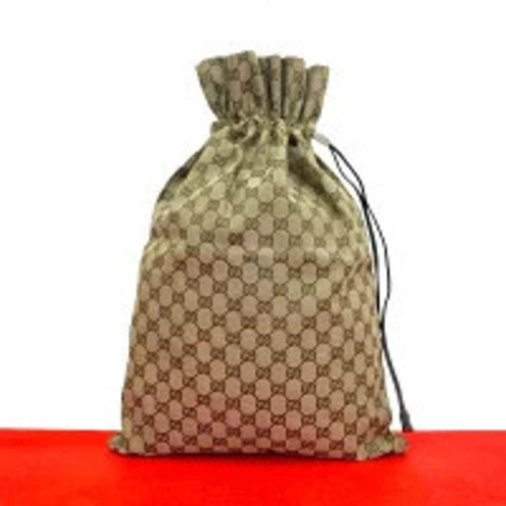 Gucci GG Canvas Leather Drawstring Handbag Bag Tote Brown